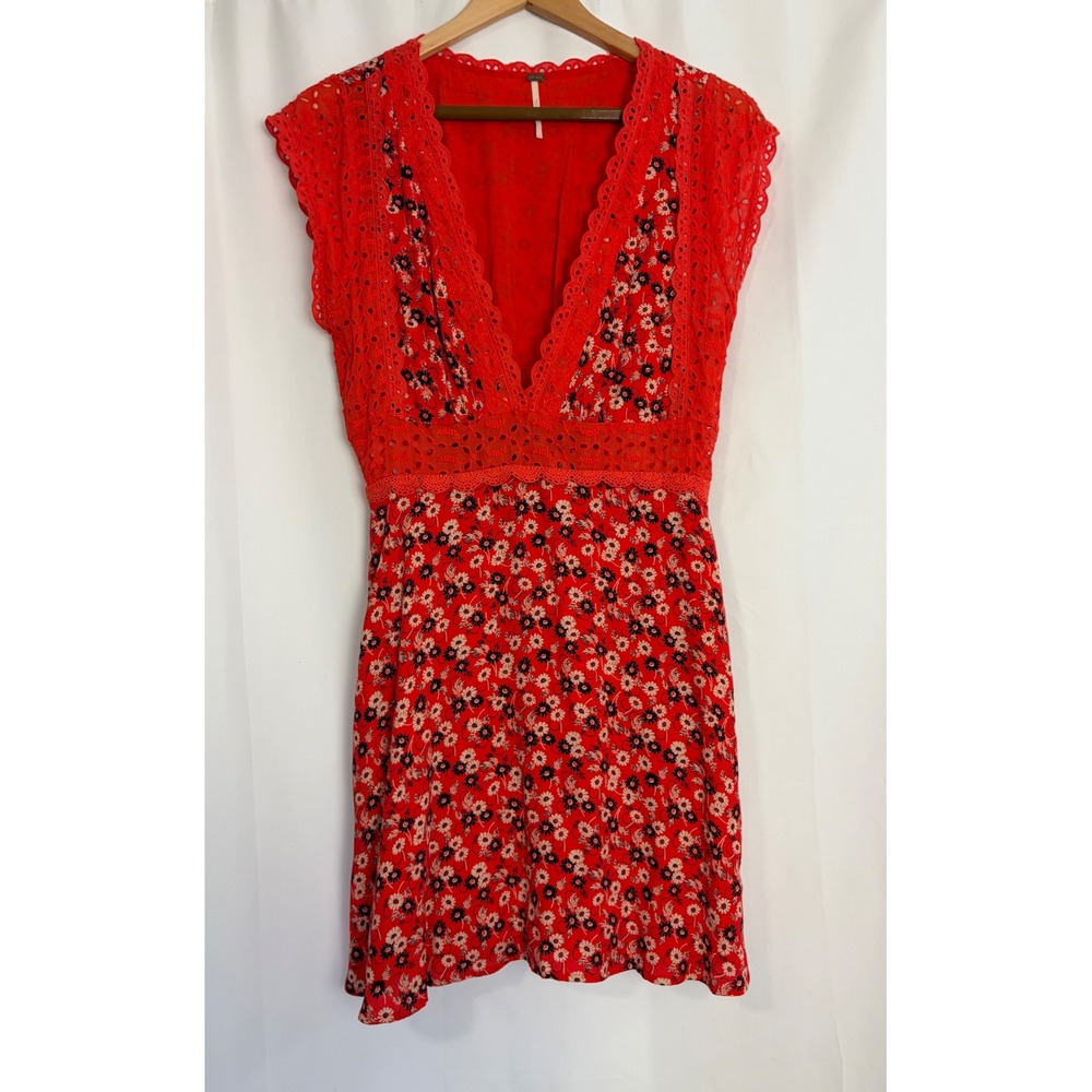 Free People Boho Cottagecore Floral Eyelet Mini Dress Sleeveless Size S Orange